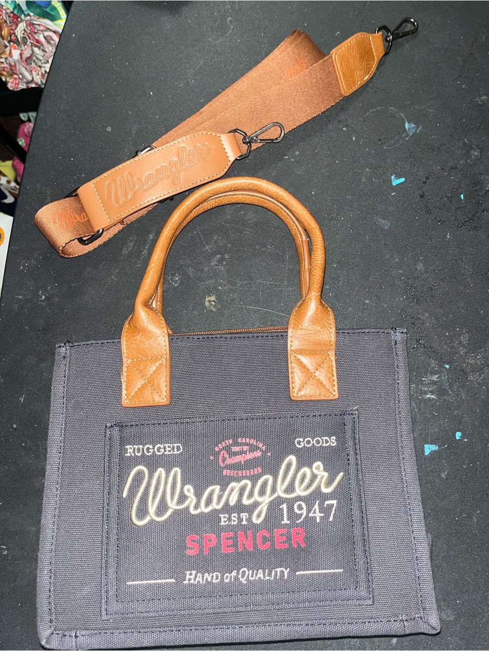 Wrangler Black Canvas Tote with Tan Handles and Strap